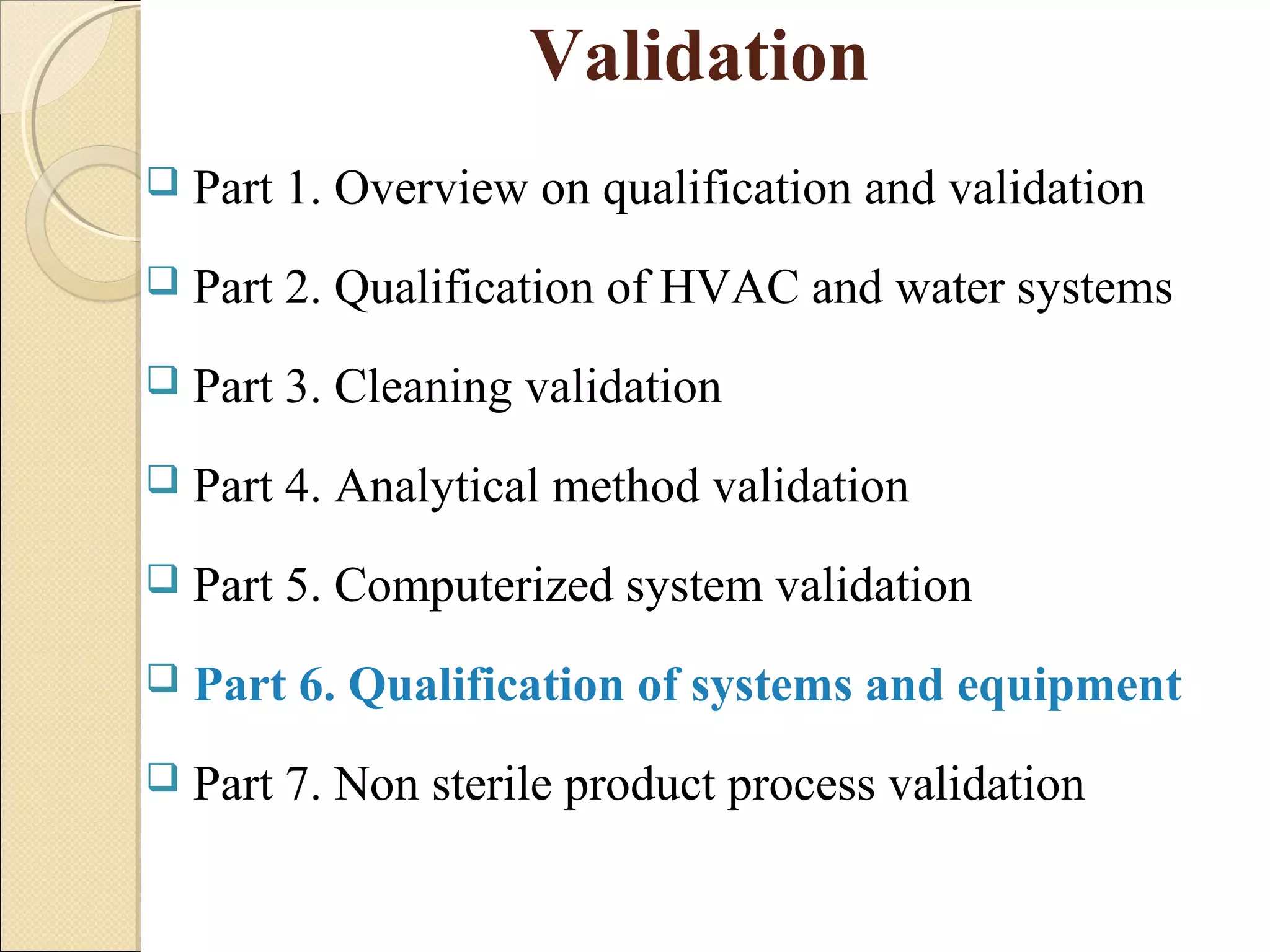 Validation 
 Part 1. Overview on qualification and validation 
 Part 2. Qualification of HVAC and water systems 
 Part 3. Cleaning validation 
 Part 4. Analytical method validation 
 Part 5. Computerized system validation 
 Part 6. Qualification of systems and equipment 
 Part 7. Non sterile product process validation 
 