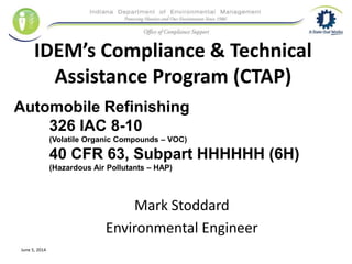IDEM’s Compliance & Technical
Assistance Program (CTAP)
Mark Stoddard
Environmental Engineer
Automobile Refinishing
326 IAC 8-10
(Volatile Organic Compounds – VOC)
40 CFR 63, Subpart HHHHHH (6H)
(Hazardous Air Pollutants – HAP)
June 5, 2014
 