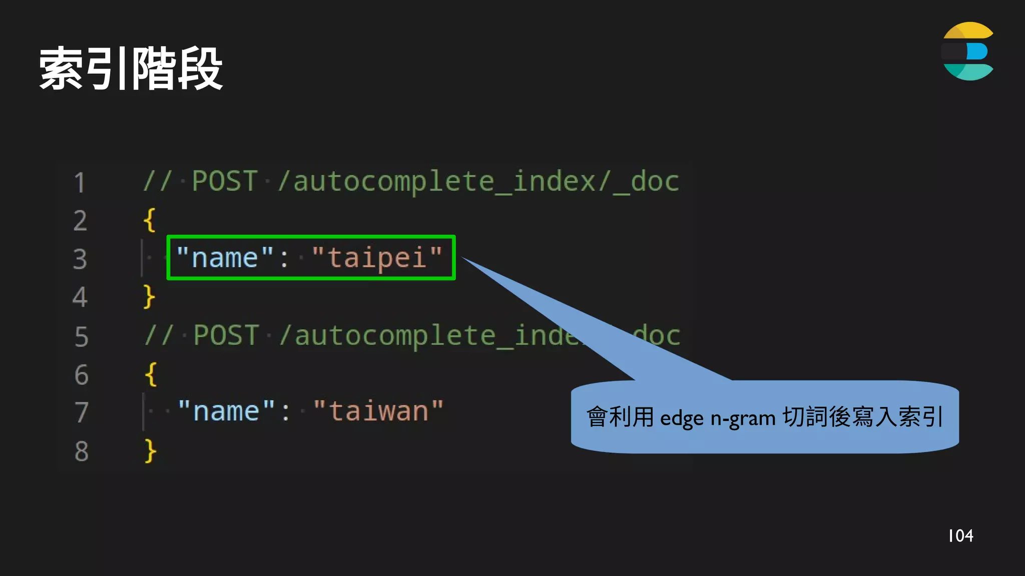 104
索引階段
會利用 edge n-gram 切詞後寫入索引
 