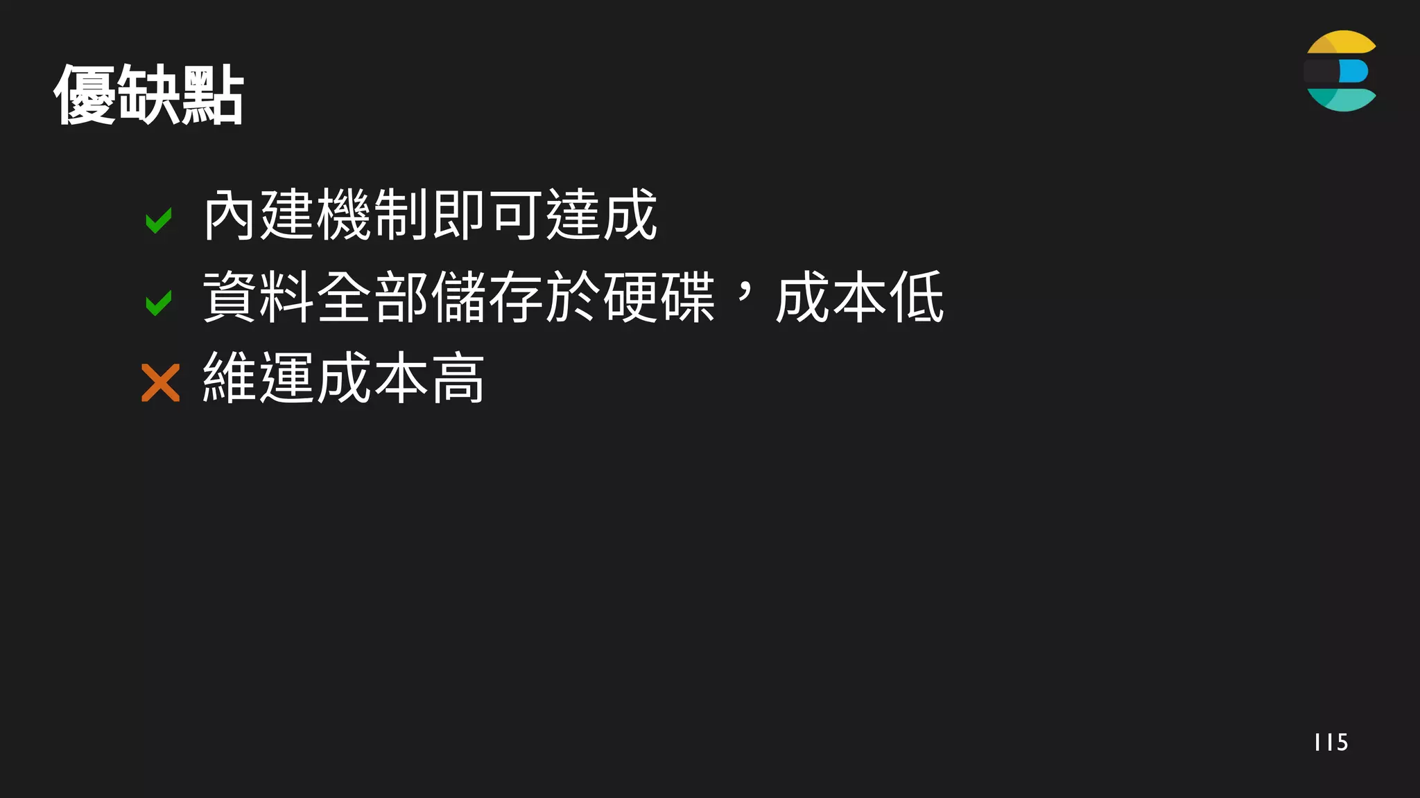 115
優缺點
 內建機制即可達成
 資料全部儲存於硬碟，成本低
 維運成本高
 