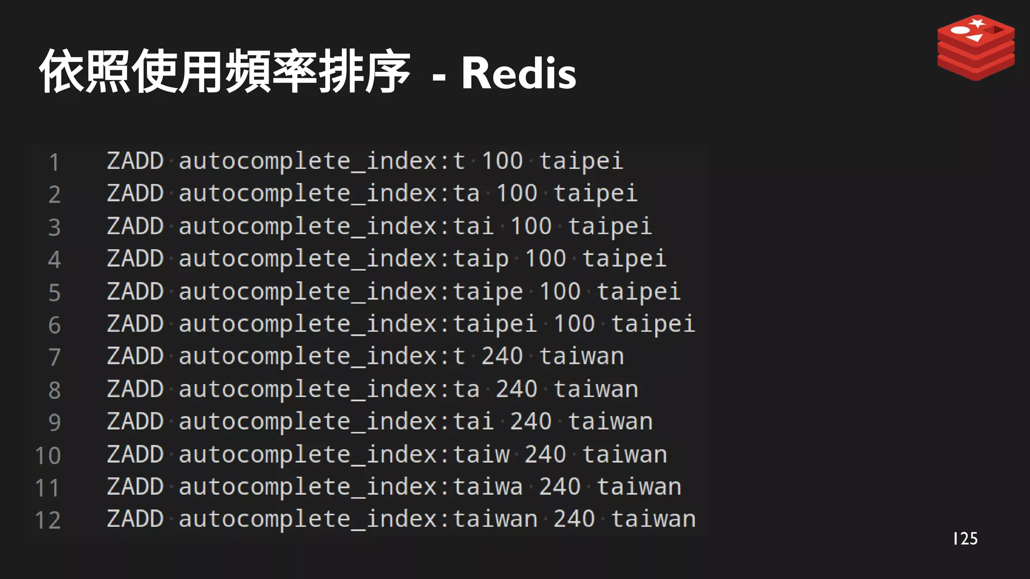 125
依照使用頻率排序 - Redis
 