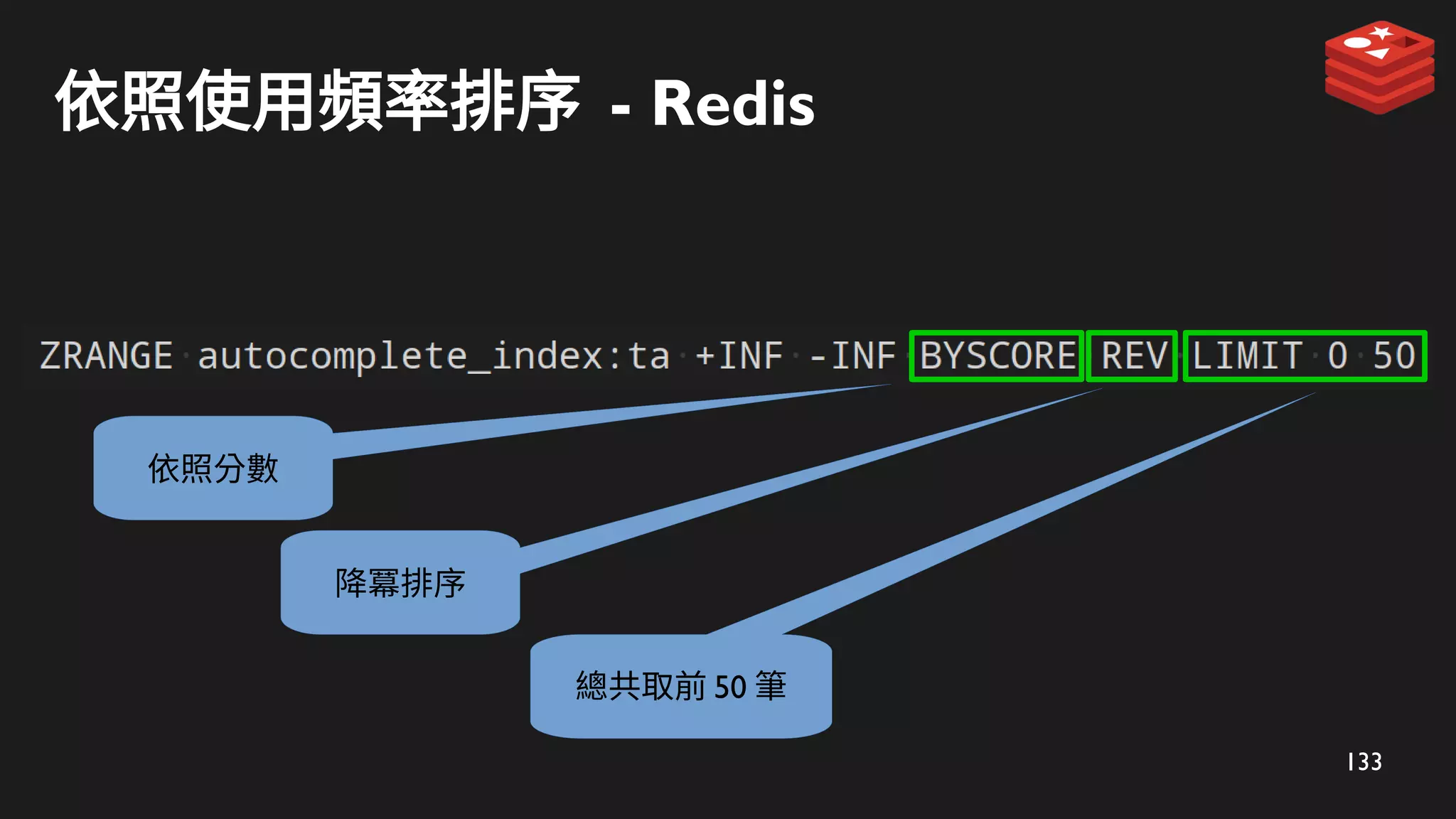 133
依照使用頻率排序 - Redis
依照分數
降冪排序
總共取前 50 筆
 