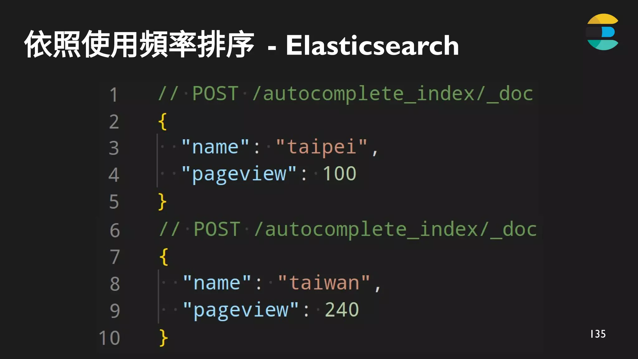 135
依照使用頻率排序 - Elasticsearch
 