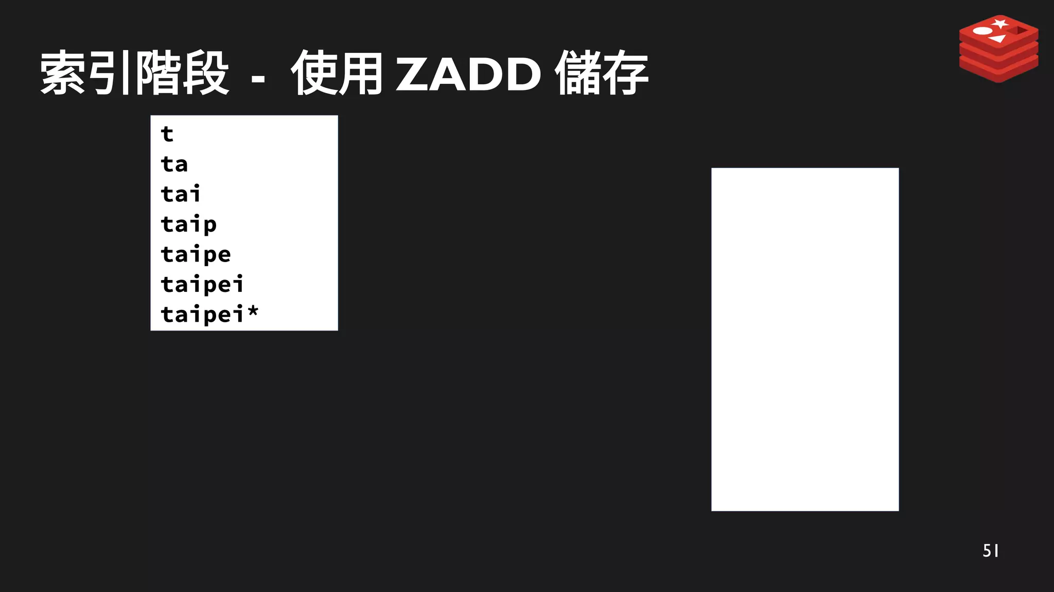 51
索引階段 - 使用 ZADD 儲存
t
ta
tai
taip
taipe
taipei
taipei*
 