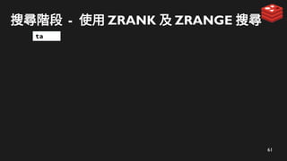 61
搜尋階段 - 使用 ZRANK 及 ZRANGE 搜尋
ta
 