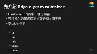 95
先介紹 Edge n-gram tokenizer
●
Elasticsearch 的其中一種分詞器
●
可將輸入的單詞固定從頭分割 n 個字元
●
以 taipei 舉例
– t
– ta
– tai
– taip
– taipe
– taipei
 