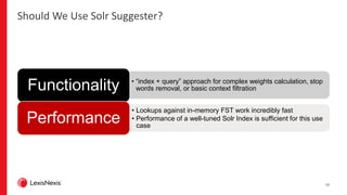10
• “index + query” approach for complex weights calculation, stop
words removal, or basic context filtrationFunctionality
• Lookups against in-memory FST work incredibly fast
• Performance of a well-tuned Solr Index is sufficient for this use
case
Performance
Should We Use Solr Suggester?
 