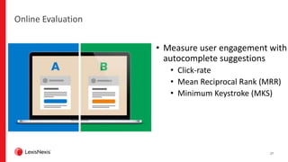 27
Online Evaluation
• Measure user engagement with
autocomplete suggestions
• Click-rate
• Mean Reciprocal Rank (MRR)
• Minimum Keystroke (MKS)
 