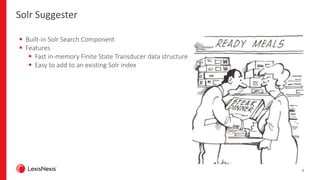 9
Solr Suggester
 Built-in Solr Search Component
 Features
 Fast in-memory Finite State Transducer data structure
 Easy to add to an existing Solr index
 
