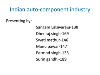Indian auto-component industry
Presenting by:
                 Sangam Lalsivaraju-138
                 Dheeraj singh-169
                 Swati mathur-146
                 Manu pawar-147
                 Parmod singh-133
                 Surin gandhi-189
 