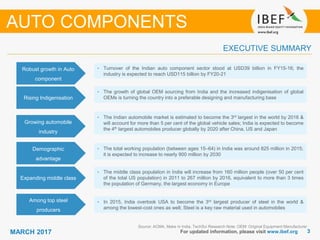 33MARCH 2017 For updated information, please visit www.ibef.org
EXECUTIVE SUMMARY
Robust growth in Auto
component
• Turnover of the Indian auto component sector stood at USD39 billion in FY15-16; the
industry is expected to reach USD115 billion by FY20-21
Rising Indigenisation
• The growth of global OEM sourcing from India and the increased indigenisation of global
OEMs is turning the country into a preferable designing and manufacturing base
Growing automobile
industry
• The Indian automobile market is estimated to become the 3rd largest in the world by 2016 &
will account for more than 5 per cent of the global vehicle sales; India is expected to become
the 4th largest automobiles producer globally by 2020 after China, US and Japan
Demographic
advantage
• The total working population (between ages 15–64) in India was around 825 million in 2015;
it is expected to increase to nearly 900 million by 2030
Source: ACMA, Make in India, TechSci Research Note: OEM: Original Equipment Manufacturer
Expanding middle class
• The middle class population in India will increase from 160 million people (over 50 per cent
of the total US population) in 2011 to 267 million by 2016, equivalent to more than 3 times
the population of Germany, the largest economy in Europe
Among top steel
producers
• In 2015, India overtook USA to become the 3rd largest producer of steel in the world &
among the lowest-cost ones as well; Steel is a key raw material used in automobiles
AUTO COMPONENTS
 