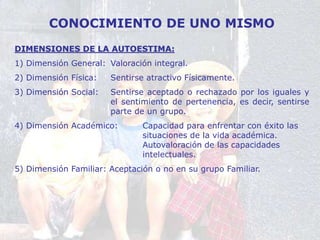 CONOCIMIENTO DE UNO MISMO
DIMENSIONES DE LA AUTOESTIMA:
1) Dimensión General: Valoración integral.
2) Dimensión Física: Sentirse atractivo Físicamente.
3) Dimensión Social: Sentirse aceptado o rechazado por los iguales y
el sentimiento de pertenencia, es decir, sentirse
parte de un grupo.
4) Dimensión Académico: Capacidad para enfrentar con éxito las
situaciones de la vida académica.
Autovaloración de las capacidades
intelectuales.
5) Dimensión Familiar: Aceptación o no en su grupo Familiar.
 