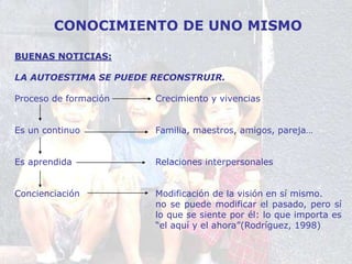 CONOCIMIENTO DE UNO MISMO
BUENAS NOTICIAS:
LA AUTOESTIMA SE PUEDE RECONSTRUIR.
Proceso de formación Crecimiento y vivencias
Es un continuo Familia, maestros, amigos, pareja…
Es aprendida Relaciones interpersonales
Concienciación Modificación de la visión en sí mismo.
no se puede modificar el pasado, pero sí
lo que se siente por él: lo que importa es
“el aquí y el ahora”(Rodríguez, 1998)
 
