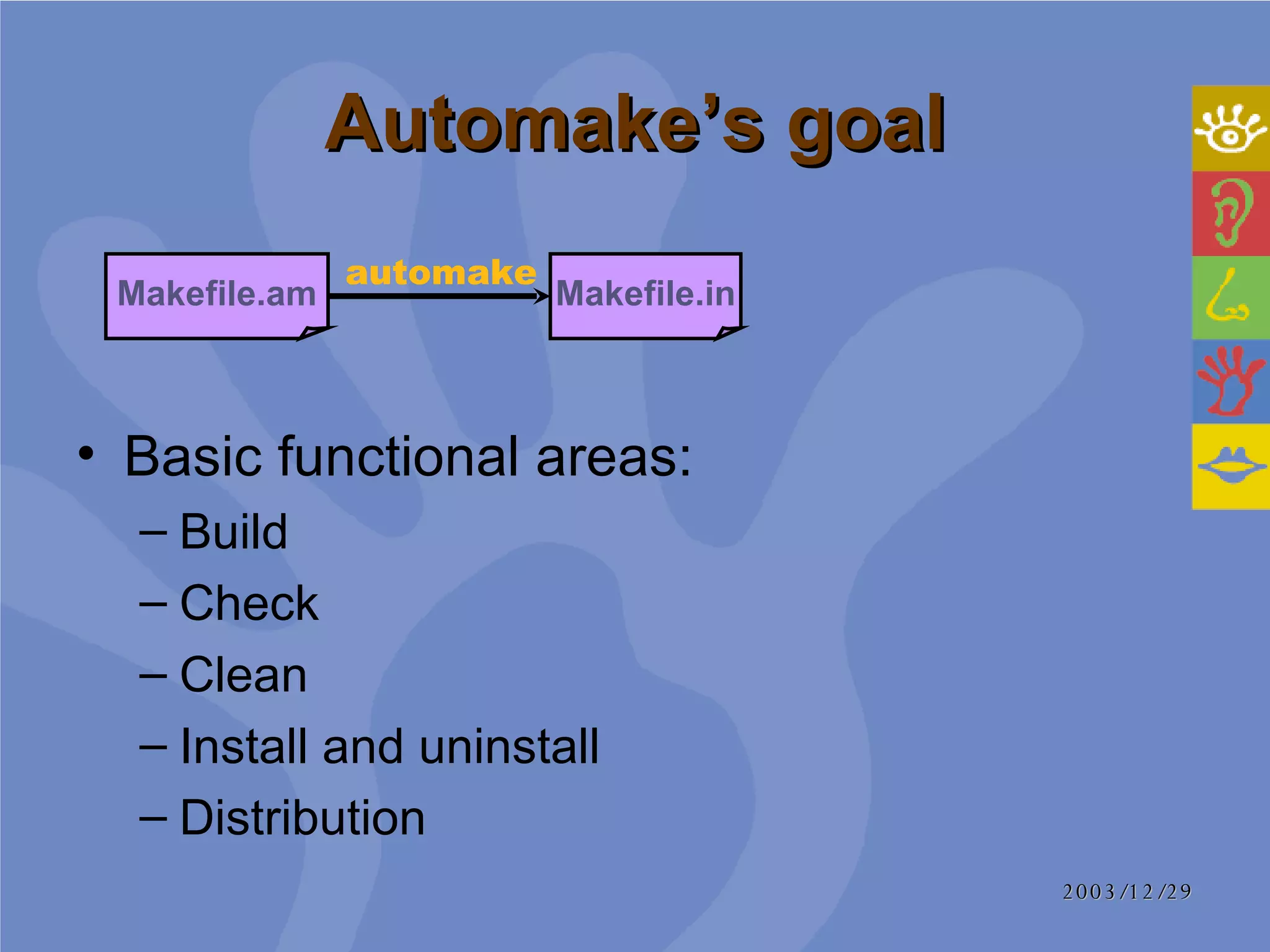 Automake’s goal Basic functional areas:  Build  Check  Clean  Install and uninstall  Distribution  Makefile.am Makefile.in automake 