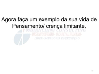 Agora faça um exemplo da sua vida de
    Pensamento/ crença limitante.




                                 13	
  
 