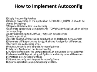 How to Implement Autoconfig
1)Apply Autoconfig Patches
2)Change ownership of the application tier ORACLE_HOME .It should be
owned by applmgr
3)Migrate Database tier to autoconfig
4)Generate appsutil.zip using perl $AD_TOP/bin/admkappsutil.pl on admin
tier as applmgr
5)Copy appsutil.zip to $ORACLE_HOME on database tier
6)unzip appsutil.zip
7)Create context.xml file using adbldxml.sh on Database tier as oracle
8)Generate diff Report using adcfgchk.sh and Analyze for differences.
9)Perform pre-Autoconfig steps
10)Run Autoconfig and do post Autoconfig Steps
11)Migrate Application tier to autoconfig
12)Create context.xml file using adbldxml.sh on Middle tier as applmgr
13)Generate diff Report using adcfgchk.sh and Analyze for differences.
14)Perform pre-Autoconfig steps
15)Run Autoconfig and do post Autoconfig Steps
16)Start applications using Autoconfig utilities.
 