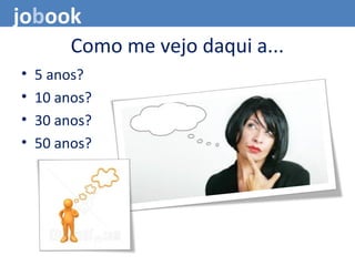 Como me vejo daqui a...
• 5 anos?
• 10 anos?
• 30 anos?
• 50 anos?
jobook
 