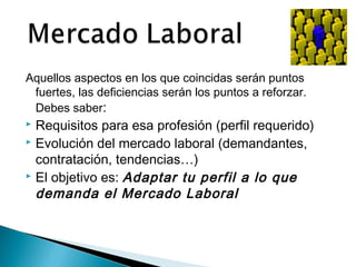 Aquellos aspectos en los que coincidas serán puntos
 fuertes, las deficiencias serán los puntos a reforzar.
 Debes saber:
 Requisitos para esa profesión (perfil requerido)
 Evolución del mercado laboral (demandantes,

  contratación, tendencias…)
 El objetivo es: Adaptar tu perfil a lo que

  demanda el Mercado Laboral
 
