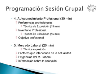 ◦ 4. Autoconocimiento Profesional (30 min)
    Preferencias profesionales
       Técnica de Exposición (15 min)
    Inventario Profesional
       Técnica de Exposición (15 min)
    Objetivo profesional

◦ 5. Mercado Laboral (20 min)
       Técnica exposición
    Factores que intervienen en la actualidad
    Exigencias del M. Laboral
    Información sobre la situación
 