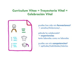 ¿cuáles han sido mis formaciones?
→ estudios/titulaciones/…
¿dónde he colabarado?
→ experiencias
tanto laborales como no laborales
¿cuáles son mis competencias?
→ aptitudes/habilidades/talentos
Curriculum Vitae = Trayectoria Vital =
Celebración Vital
 