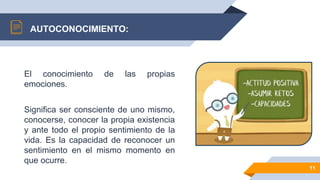 11
El conocimiento de las propias
emociones.
Significa ser consciente de uno mismo,
conocerse, conocer la propia existencia
y ante todo el propio sentimiento de la
vida. Es la capacidad de reconocer un
sentimiento en el mismo momento en
que ocurre.
AUTOCONOCIMIENTO:
 