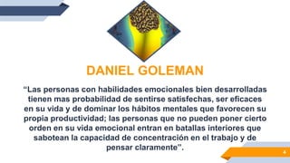 DANIEL GOLEMAN
“Las personas con habilidades emocionales bien desarrolladas
tienen mas probabilidad de sentirse satisfechas, ser eficaces
en su vida y de dominar los hábitos mentales que favorecen su
propia productividad; las personas que no pueden poner cierto
orden en su vida emocional entran en batallas interiores que
sabotean la capacidad de concentración en el trabajo y de
pensar claramente”. 4
 