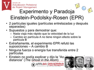 Experimento y Paradoja
Einstein-Podolsky-Rosen (EPR)
• 2 partículas iguales (partículas entrelazadas y después
separadas)
• Supuestos y para demostrar que:
– Nada viaja más rápido que la velocidad de la luz
– Cambio en partícula A no tiene ningún efecto sobre la
partícula B
• Extrañamente, el experimento EPR refutó las
suposiciones – A cambio B
• Ninguna fuerza o energía fue transferida entre 2
partículas
• Einstein no podía explicar y dijo la “Acción fantasmal a
distancia” (The Ghost in the Atom)
5
 