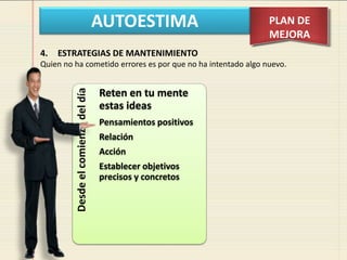 AUTOESTIMA PLAN DE
MEJORA
Desde
el
comienzo
del
día
Reten en tu mente
estas ideas
Pensamientos positivos
Relación
Acción
Establecer objetivos
precisos y concretos
4. ESTRATEGIAS DE MANTENIMIENTO
Quien no ha cometido errores es por que no ha intentado algo nuevo.
 
