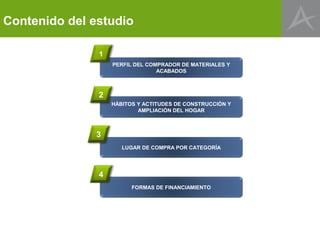 Contenido del estudio

               1
                   PERFIL DEL COMPRADOR DE MATERIALES Y
                                 ACABADOS



               2
                   HÁBITOS Y ACTITUDES DE CONSTRUCCIÓN Y
                           AMPLIACIÓN DEL HOGAR



               3
                      LUGAR DE COMPRA POR CATEGORÍA




               4
                         FORMAS DE FINANCIAMIENTO
 