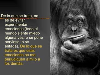 De lo que se trata, no es de evitar experimentar emociones (todo el mundo siente miedo alguna vez, o se pone nervioso, o se enfada).  De lo que se trata es que esas emociones no me perjudiquen a mi o a los demás. 
