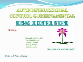 NORMAS DE CONTROL INTERNO
GRUPO # 3
Magdalena Pazmiño
Cecilia Palacios
Gloria Guerra
Nancy Ponce
Vilman Loza
PROFESOR : ING. ROBERT CARPIO
Quito, 1 de Junio del 2013
 