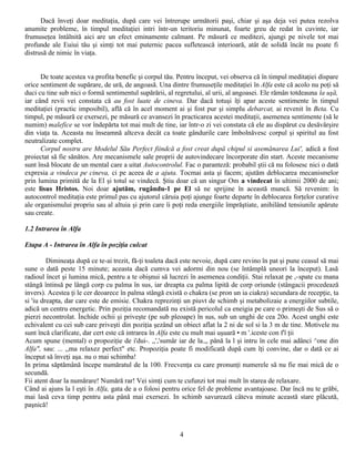 Dacă înveţi doar meditaţia, după care vei întrerupe următorii paşi, chiar şi aşa deja vei putea rezolva
anumite probleme, în timpul meditaţiei intri într-un teritoriu minunat, foarte greu de redat în cuvinte, iar
frumuseţea întâlnită aici are un efect eminamente calmant. Pe măsură ce meditezi, ajungi pe nivele tot mai
profunde ale Euiui tău şi simţi tot mai puternic pacea sufletească interioară, atât de solidă încât nu poate fi
distrusă de nimic în viaţa.


      De toate acestea va profita benefic şi corpul tău. Pentru început, vei observa că în timpul meditaţiei dispare
orice sentiment de supărare, de ură, de angoasă. Una dintre frumuseţile meditaţiei în Alfa este că acolo nu poţi să
duci cu tine sub nici o formă sentimentul supărării, al regretului, al urii, al angoasei. Ele rămân totdeauna la uşă,
iar când revii vei constata că au fost luate de cineva. Dar dacă totuşi îţi apar aceste sentimente în timpul
meditaţiei (practic imposibil), află că în acel moment ai şi fost pur şi simplu debarcat, ai revenit în Beta. Cu
timpul, pe măsură ce exersezi, pe măsură ce avansezi în practicarea acestei meditaţii, asemenea sentimente (să le
numim) malefice se vor îndepărta tot mai mult de tine, iar într-o zi vei constata că ele au dispărut cu desăvârşire
din viaţa ta. Aceasta nu înseamnă altceva decât ca toate gândurile care îmbolnăvesc corpul şi spiritul au fost
neutralizate complet.
      Corpul nostru are Modelul Său Perfect fiindcă a fost creat după chipul si asemănarea Lui', adică a fost
proiectat să fie sănătos. Are mecanismele sale proprii de autovindecare încorporate din start. Aceste mecanisme
sunt însă blocate de un mental care a uitat Autocontrolul. Fac o paranteză: probabil ştii că nu folosesc nici o dată
expresia a vindeca pe cineva, ci pe aceea de a ajuta. Tocmai asta şi facem; ajutăm deblocarea mecanismelor
prin lumina primită de la El şi totul se vindecă. Ştiu doar că un singur Om a vindecat în ultimii 2000 de ani;
este lisus Hristos. Noi doar ajutăm, rugându-1 pe El să ne sprijine în această muncă. Să revenim: în
autocontrol meditaţia este primul pas cu ajutorul căruia poţi ajunge foarte departe în deblocarea forţelor curative
ale organismului propriu sau al altuia şi prin care îi poţi reda energiile împrăştiate, anihilând tensiunile apărute
sau create.

1.2 Intrarea în Alfa

Etapa A - Intrarea în Alfa în poziţia culcat

         Dimineaţa după ce te-ai trezit, fă-ţi toaleta dacă este nevoie, după care revino în pat şi pune ceasul să mai
sune o dată peste 15 minute; aceasta dacă cumva vei adormi din nou (se întâmplă uneori la început). Lasă
radioul încet şi lumina mică, pentru a te obişnui să lucrezi în asemenea condiţii. Stai relaxat pe ,-spate cu mana
stângă întinsă pe lângă corp cu palma în sus, iar dreapta cu palma lipită de corp oriunde (stângacii procedează
invers). Acestea ţi le cer deoarece în palma stângă există o chakra (se pron un ia ciakra) secundara de recepţie, ta
si 'iu dreapta, dar care este de emisie. Chakra reprezinţi un piuvt de schimb şi metabolizaie a energiilor subtile,
adică un centru energetic. Prin poziţia recomandată nu există pericolul ca eneigia pe care o primeşti de Sus să o
pierzi necontrolat. Închide ochii şi priveşte (pe sub pleoape) în sus, sub un unghi de cea 20o. Acest unghi este
echivalent cu cei sub care priveşti din poziţia şezând un obiect aflat la 2 ni de sol si la 3 m de tine. Motivele nu
sunt încă clarificate, dar cert este că intrarea în Alfa este cu mult mai uşuară • m '.iceste con f'î ţii
Acum spune (mental) o propoziţie de i'dui-. ,,','sumâr iar de la.,, până la l şi intru în cele mai adânci ^one din
Alfa", sau: ... ,,ma relaxez perfect" etc. Propoziţia poate fi modificată după cum îţi convine, dar o dată ce ai
început să înveţi aşa. nu o mai schimba!
In prima săptămână începe număratul de la 100. Frecvenţa cu care pronunţi numerele să nu fie mai mică de o
secundă.
Fii atent doar la numărare! Numără rar! Vei simţi cum te cufunzi tot mai mult în starea de relaxare.
Când ai ajuns la l eşti în Alfa, gata de a o folosi pentru orice fel de probleme avantajoase. Dar încă nu te grăbi,
mai lasă ceva timp pentru asta până mai exersezi. In schimb savurează câteva minute această stare plăcută,
paşnică!



                                                          4
 
