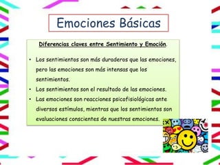 Emociones Básicas
Diferencias claves entre Sentimiento y Emoción.
• Los sentimientos son más duraderos que las emociones,
pero las emociones son más intensas que los
sentimientos.
• Los sentimientos son el resultado de las emociones.
• Las emociones son reacciones psicofisiológicas ante
diversos estímulos, mientras que los sentimientos son
evaluaciones conscientes de nuestras emociones.
 