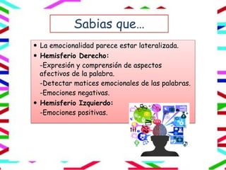 Sabias que…
 La emocionalidad parece estar lateralizada.
 Hemisferio Derecho:
-Expresión y comprensión de aspectos
afectivos de la palabra.
-Detectar matices emocionales de las palabras.
-Emociones negativas.
 Hemisferio Izquierdo:
-Emociones positivas.
 
