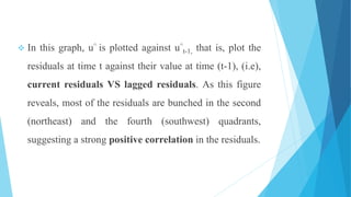  In this graph, u^ is plotted against u^
t-1, that is, plot the
residuals at time t against their value at time (t-1), (i.e),
current residuals VS lagged residuals. As this figure
reveals, most of the residuals are bunched in the second
(northeast) and the fourth (southwest) quadrants,
suggesting a strong positive correlation in the residuals.
 