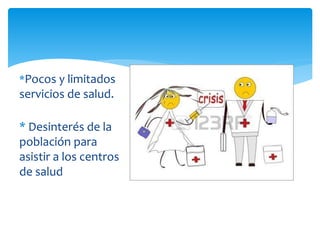*Pocos y limitados
servicios de salud.
* Desinterés de la
población para
asistir a los centros
de salud