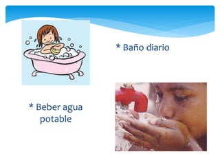 * Beber agua
potable
* Baño diario