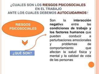 ¿CUALES SON LOS RIESGOS PSICOSOCIALES
EN EL TRABAJO
ANTE LOS CUALES DEBEMOS AUTOCUIDARNOS?
RIESGOS
PSICOSOCIALES
Son la interacción
negativa entre las
condiciones de trabajo y
los factores humanos que
pueden conducir a
perturbaciones emocionales
y problemas de
comportamiento que
afectan la salud física y
mental y la calidad de vida
de las personas
¿QUÉ SON?
 