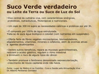 Suco Verde verdadeiro
ou Leite da Terra ou Suco de Luz do Sol
• Eixo central da culinária viva, com características sinérgicas,
probióticas, nutracêuticas, fitoterápicas e nutricionais.

• Um copo de 300 ml supre as necessidades calóricas e protéicas por até 3h.

• É composto por 100% de água estruturada.
Trata-se de pura água biológica e coloidal (com nutrientes em suspensão).

• Oferta farta de fibras vegetais microscópicas, biomoduladores,
oligoelementos, vitaminas, minerais e cofatores, além de enzimas ativas
e agentes alcalinizantes .

• Dentre outros benefícios, repara as mucosas gastrointestinais,
reduzem a acidez gástrica, regulam o ritmo intestinal
e diminuem o risco de alguns tipos de câncer.

• Também promove o fenômeno denominado neovascularização,
 crescimento de novos capilares onde não havia.

Fonte: Lugar de Médico é na Cozinha - Cura e Saúde pela Alimentação Viva –
Dr. Alberto Peribanez Gonzalez
 