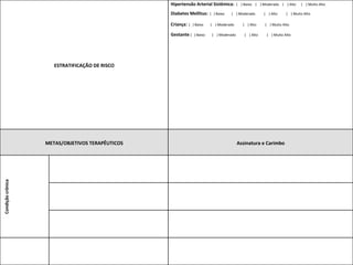 ESTRATIFICAÇÃO 
DE 
RISCO 
Hipertensão 
Arterial 
Sistêmica: 
( 
) 
Baixo 
( 
) 
Moderado 
( 
) 
Alto 
( 
) 
Muito 
Alto 
Diabetes 
Mellitus: 
( 
) 
Baixo 
( 
) 
Moderado 
( 
) 
Alto 
( 
) 
Muito 
Alto 
Criança: 
( 
) 
Baixo 
( 
) 
Moderado 
( 
) 
Alto 
( 
) 
Muito 
Alto 
Gestante 
( 
) 
Baixo 
( 
) 
Moderado 
( 
) 
Alto 
( 
) 
Muito 
Alto 
METAS/OBJETIVOS 
TERAPÊUTICOS 
Assinatura 
e 
Carimbo 
Condição 
crônica 
 