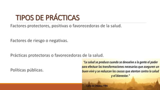 TIPOS DE PRÁCTICAS
Factores protectores, positivas o favorecedoras de la salud.
Factores de riesgo o negativas.
Prácticas protectoras o favorecedoras de la salud.
Políticas públicas.
 