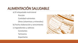 ALIMENTACIÓN SALUDABLE
a) El etiquetado nutricional
Porción
Cantidad nutrientes
Otros (vitaminas y minerales)
b) Fecha elaboración y vencimiento
c) Ingredientes y aditivos
Corolantes
Tartrazina
Aspartamo
 