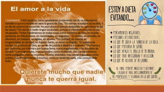 2 Corintios6: Y ASInosotros,comoayudadoresjuntamenteconél,os exhortamos
tambiéná quenorecibáisenvanolagraciadeDios,2 Entiempoaceptableteheoído,Y
endíadesaludtehesocorrido:heaquíahorael tiempoaceptable;heaquíahorael día
desalud:)3 Nodandoá nadieningúnescándalo,porqueel ministerionuestronosea
vituperado:4 AnteshabiéndonosentodascosascomoministrosdeDios,enmucha
paciencia,entribulaciones,ennecesidades,en angustias;5 Enazotes,encárceles,en
alborotos,entrabajos,envigilias,enayunos;6 Encastidad,enciencia,en
longanimidad,enbondad,enEspírituSanto,enamornofingido;7 Enpalabrade
verdad,enpotenciadeDios,enarmasdejusticiaá diestroy á siniestro;8 Porhonray
pordeshonra,porinfamiay porbuenafama;comoengañadores,mashombresde
verdad;9 Comoignorados,masconocidos;comomuriendo,masheaquívivimos;
comocastigados,masnomuertos;10Comodoloridos,massiempregozosos;como
pobres,masenriqueciendoá muchos;comonoteniendonada,masposeyéndolo
todo…
 