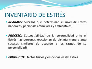 INVENTARIO DE ESTRÉS
 INSUMOS: Sucesos que determinan el nivel de Estrés
 (laborales, personales-familiares y ambientales)

 PROCESO: Susceptibilidad de la personalidad ante el
 Estrés (las personas reaccionan de distinta manera ante
 sucesos similares de acuerdo a los rasgos de su
 personalidad)

 PRODUCTO: Efectos físicos y emocionales del Estrés
 