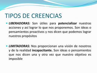 TIPOS DE CREENCIAS
 LIBERADORAS: Son útiles para potencializar nuestras
 acciones y así lograr lo que nos proponemos. Son ideas o
 pensamientos proactivos y nos dicen que podemos lograr
 nuestros propósitos

 LIMITADORAS: Nos proporcionan una visión de nosotros
 y de la realidad incapacitante. Son ideas o pensamientos
 que nos dicen una y otra vez que nuestro objetivo es
 imposible
 