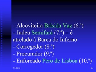 - Alcoviteira Brísida Vaz (6.ª)
- Judeu Semifará (7.ª) – é
atrelado à Barca do Inferno
- Corregedor (8.ª)
- Procurador (9.ª)
- Enforcado Pero de Lisboa (10.ª)
7/3/2014

46

 