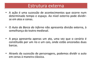 Estrutura externa 
• A ação é uma sucessão de acontecimentos que ocorre num 
determinado tempo e espaço. Ao nível externo pode dividir-se 
em atos e cenas. 
• O Auto da Barca do Inferno não apresenta divisão externa, à 
semelhança do teatro medieval. 
• A peça apresenta apenas um ato, uma vez que o cenário é 
constituído por um rio e um cais, onde estão ancoradas duas 
barcas. 
• Através da sucessão de personagens, podemos dividir o auto 
em cenas à maneira clássica. 
 
