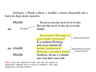 O Anjo não responde
Argumento de acusação
de Joane (Parvo)
Nota: o Anjo não responde ao Frade pois este não cumpriu os
preconceitos religiosos nem os votos de castidade e além disso
dedicava-se a uma vida mundanal.
Está alegre
 