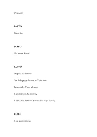 De quem?
PARVO
Dos tolos.
DIABO
Ah! Vossa. Entra!
PARVO
De pulo ou de voo?
Oh! Pelo pesar do meu avô! (dor, choro)
Resumindo: Vim a adoecer
E em má hora fui morrer,
E nela, para mim só. (E numa altura em que estava só)
DIABO
E de que morreste?
 