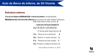 Auto da Barca do Inferno, de Gil Vicente
O Auto da Barca do Inferno está escrito em verso.
Estrutura externa
As estrofes são, geralmente, oitavas.
Esquema rimático ABBAACCA: rima interpolada e emparelhada.
Fid. Esta barca onde vai ora, A
que assi está percebida? B
Dia. Vai pera a ilha perdida B
E há-de partir logo ess’ora. A
Fid. Pera lá vai a senhora? A
Dia. Senhor, a vosso serviço. C
Fid. Parece-me isso cortiço. C
Dia. Porque a vedes lá de fora. A
Auto da Barca do Inferno, vv. 25-32
Métrica: predomínio da redondilha maior (versos de sete sílabas métricas):
Pa/re/ce/-me i/sso/ cor/ti/ço
1 2 3 4 5 6 7
 